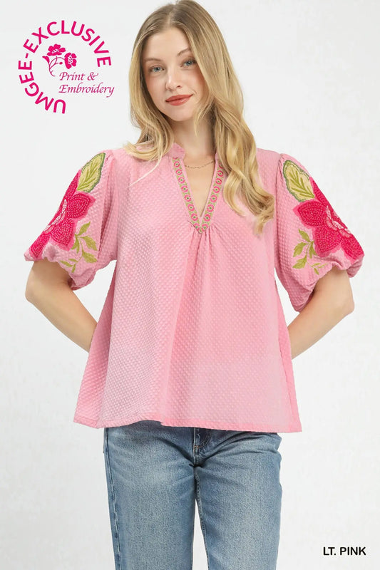 Textured Jacquard V-Neck Bubble Sleeve Top