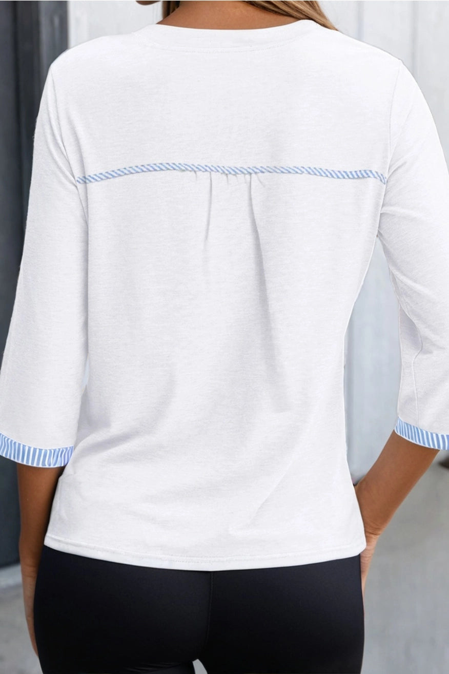 Striped Patchwork V Neck 3/4 Sleeve Blouse