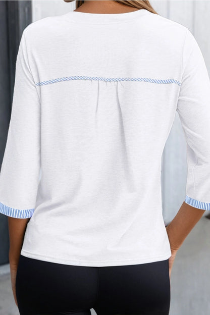 Striped Patchwork V Neck 3/4 Sleeve Blouse
