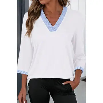 Striped Patchwork V Neck 3/4 Sleeve Blouse