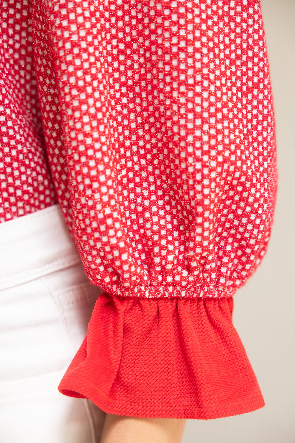 Red Ruffled Detail Textured and Speckled Knit Top