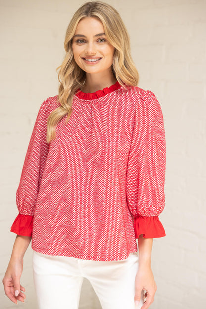 Red Ruffled Detail Textured and Speckled Knit Top