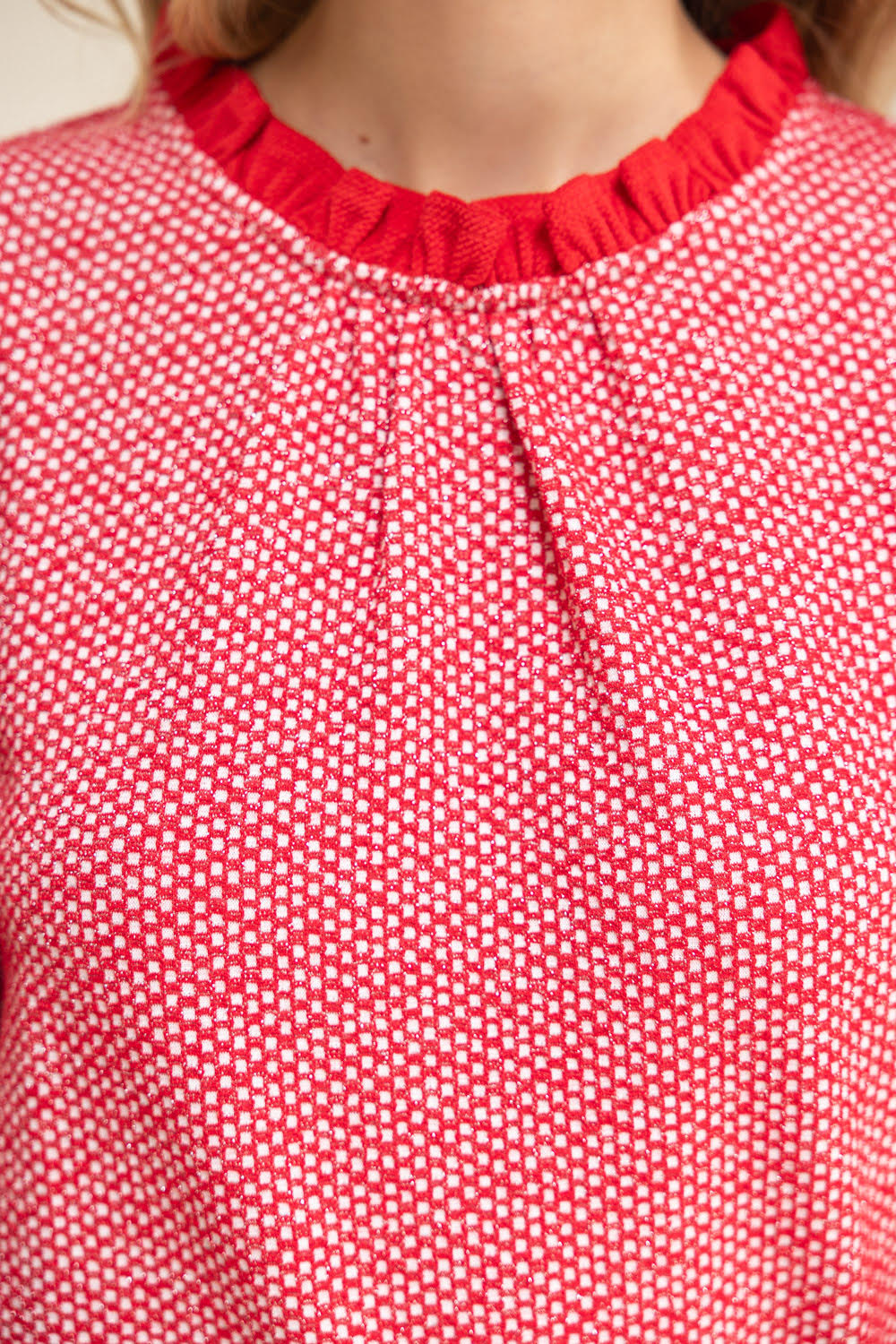 Red Ruffled Detail Textured and Speckled Knit Top