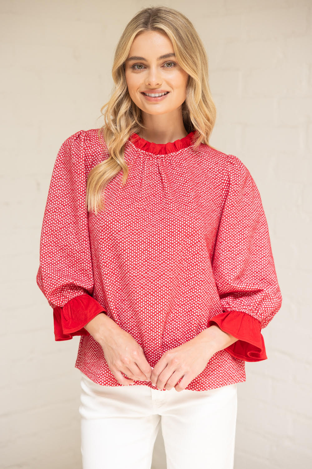 Red Ruffled Detail Textured and Speckled Knit Top