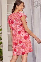 Pink Floral Print flutter sleeve dress / Plus size