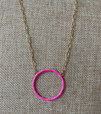 Hot Pink Bamboo Circle Necklace