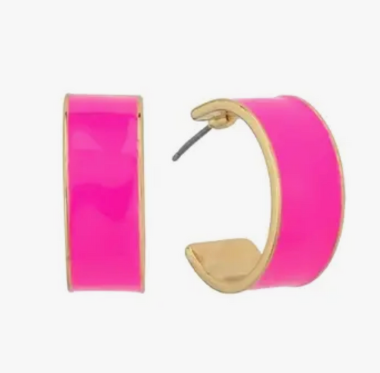 Hot Pink Enamel Small Hoop Earrings